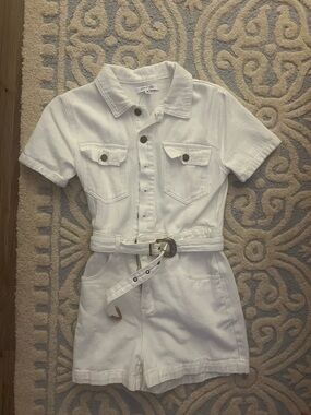 White Short Sleeve Denim Romper with Belt